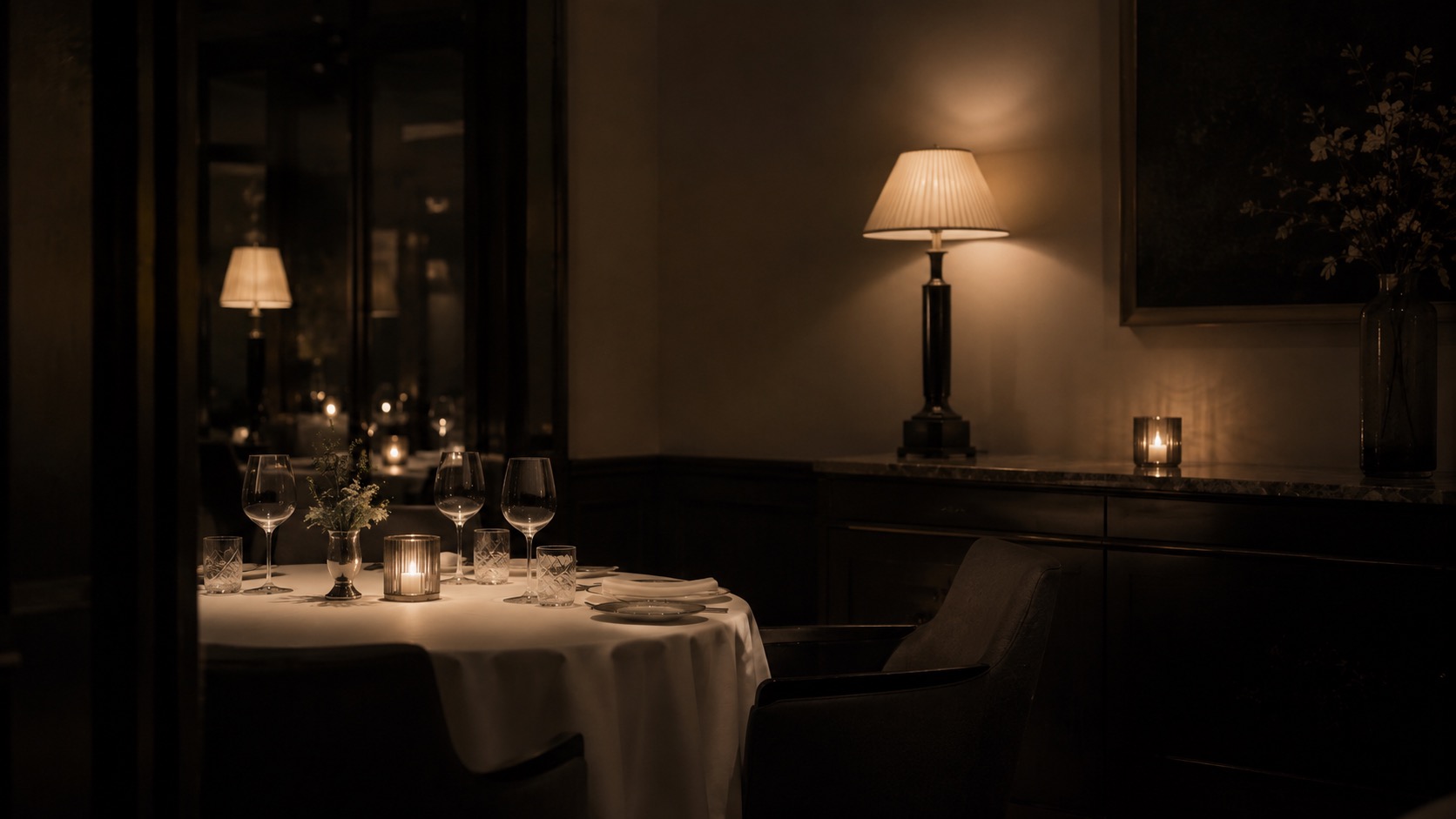 International fine dining table setting in a quiet restaurant.